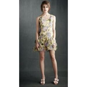 Anna Sui Anthropologie silk yellow floral sleeveless drop waist dress 6